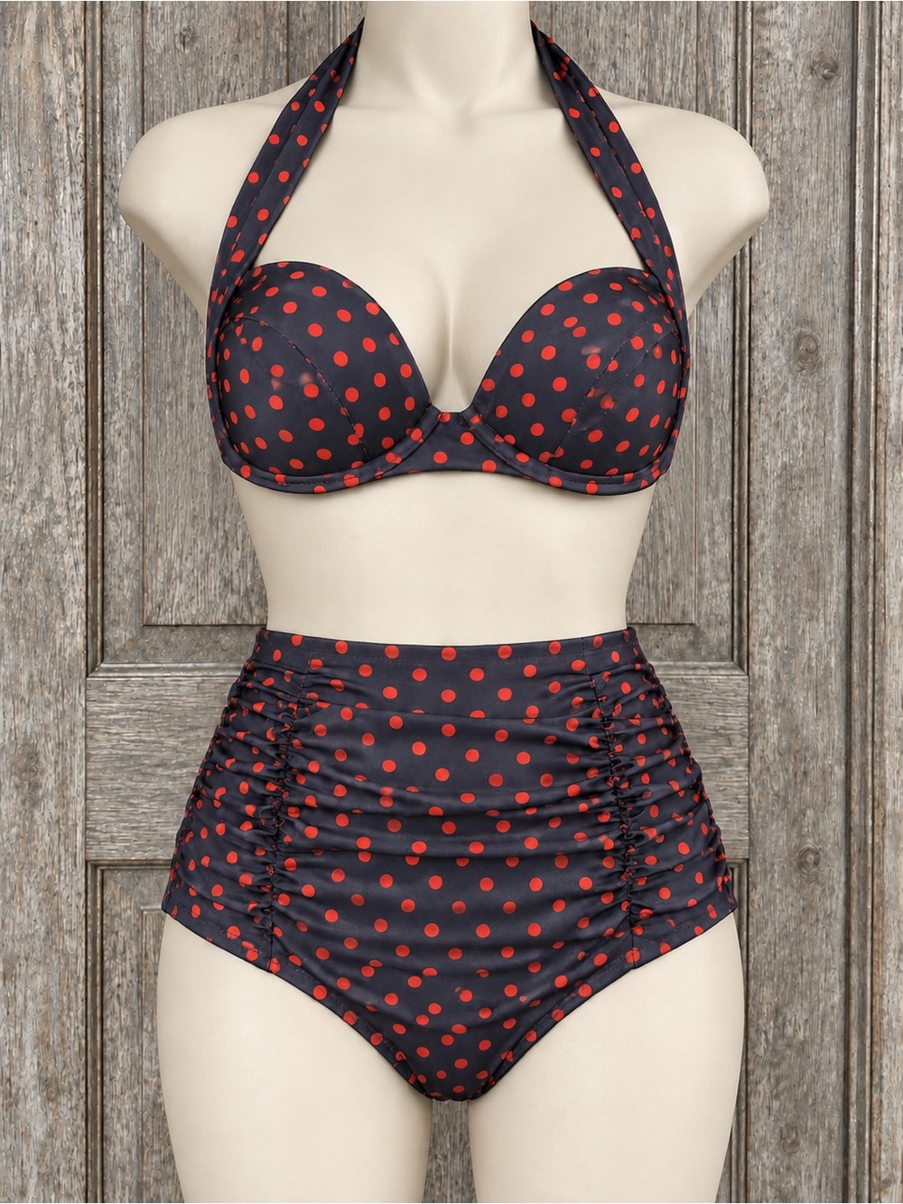 High-Waist Polka Dot Bikini Set - Black with Red Dots
